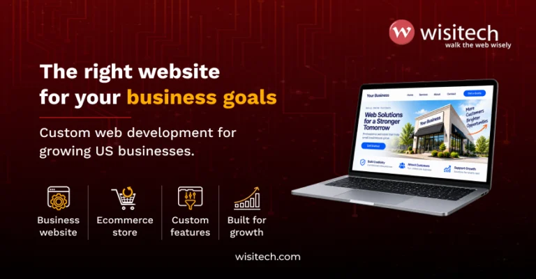 Web development services for small business showing a website built around business goals, ecommerce, custom features, and growth.