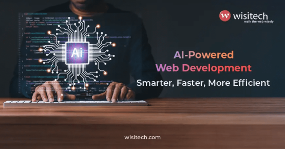 AI-driven website development process with futuristic coding elements.
